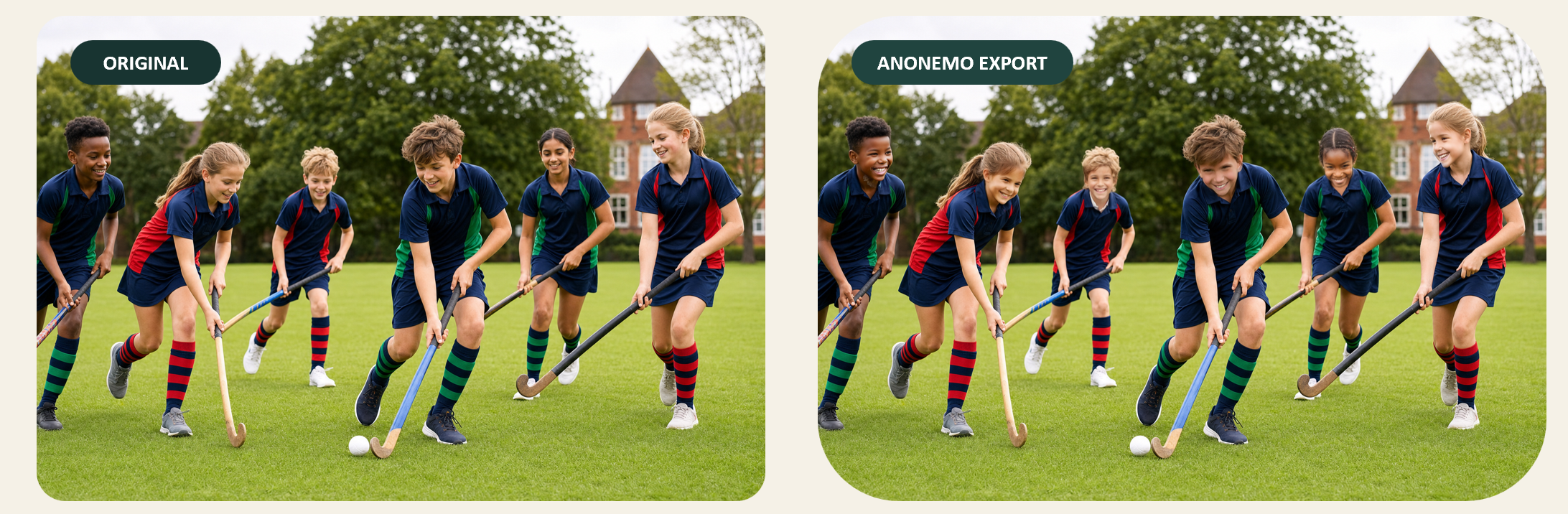 Illustrative school hockey scene shown as an original and an Anonemo export with changed faces
