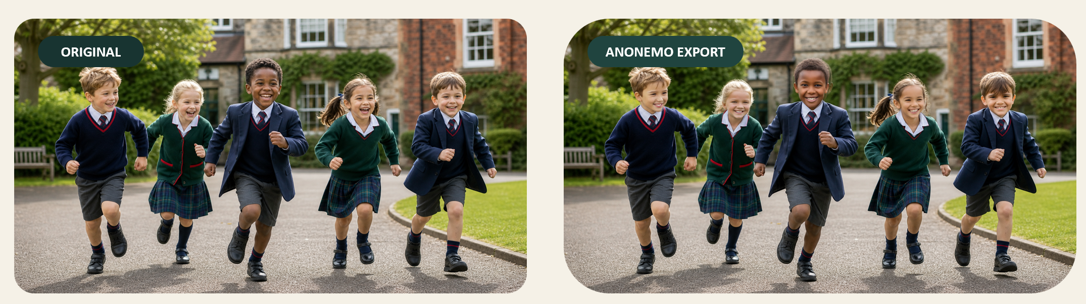 Illustrative school running scene shown as an original and an Anonemo export with changed faces