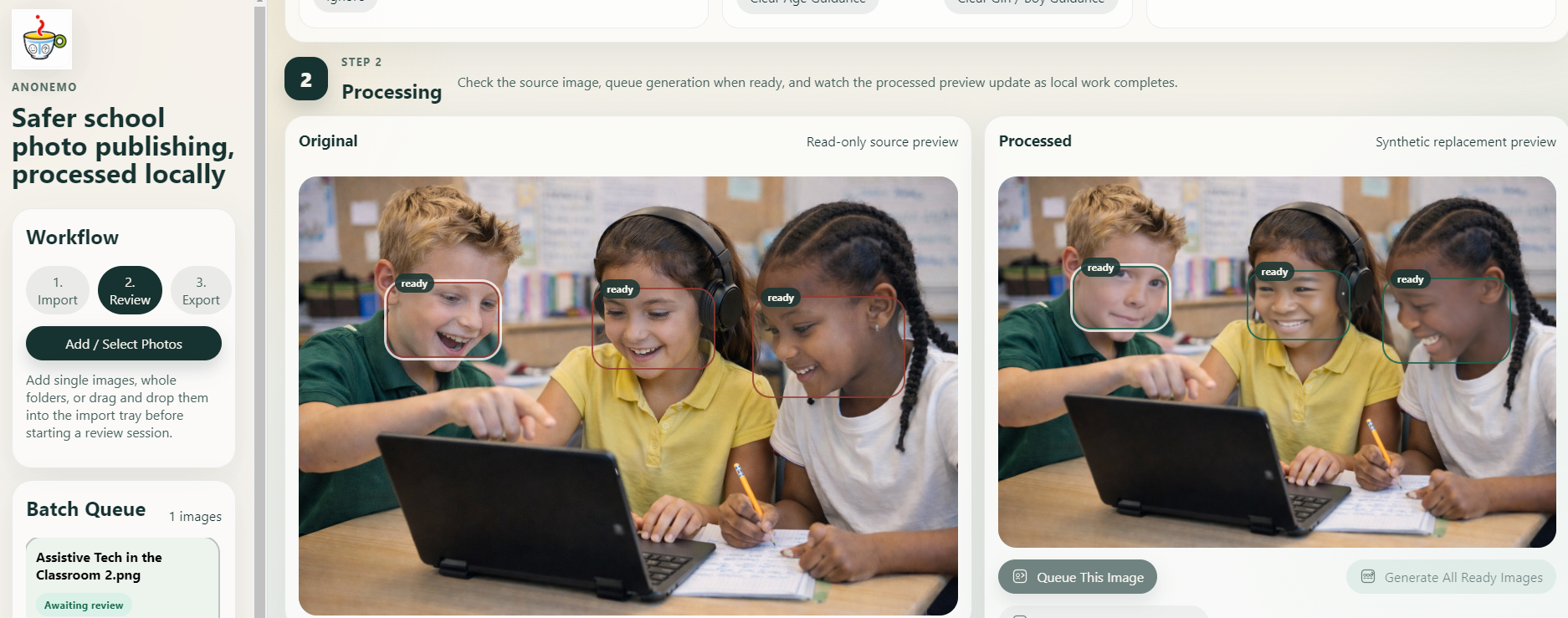 Pre-release Anonemo interface showing original and processed review panels side by side