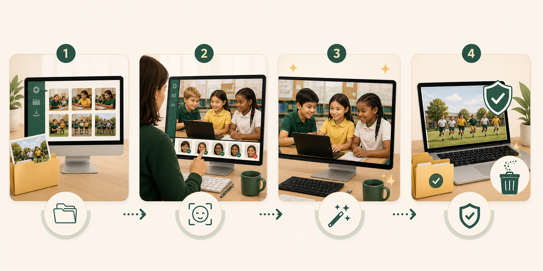 Illustrated four-step workflow showing import, review, generate and export